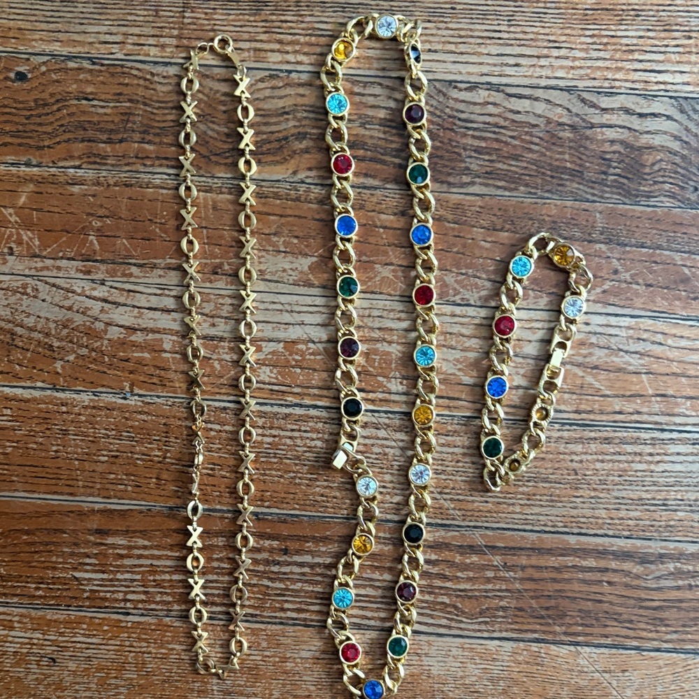 Gold Multicolor Crystal Station Necklace and Bracelet Set